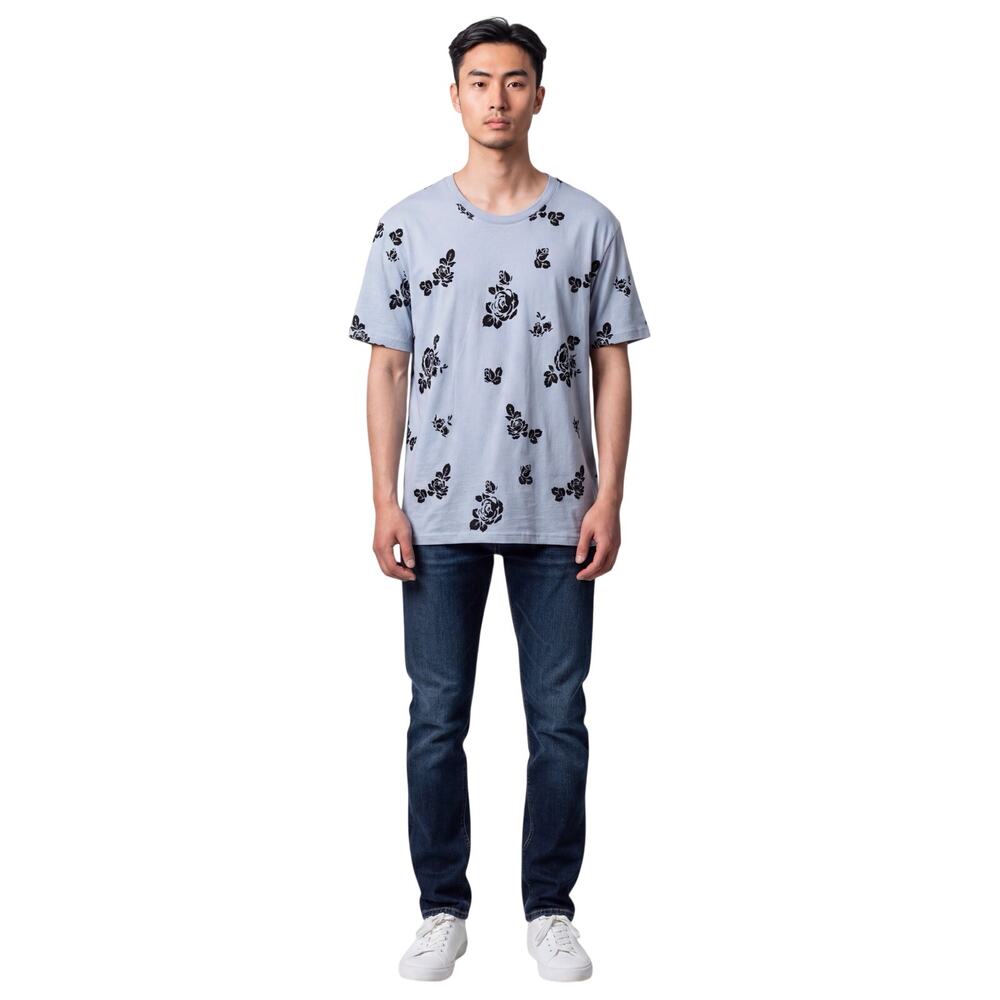 INC International Concepts Light Blue Black Rose Short Sleeve T Shirt Crew Neck